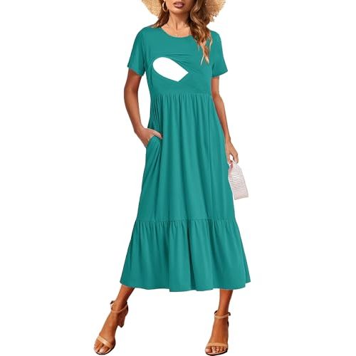 CzzzyL Women Nursing Short Sleeve Crew Neck Fall Dress Maternity Flowy Maxi Dresses Tiered Cocktail Dress with Pockets