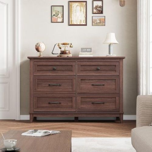 Acekool Brown 47" 6 Drawer Dresser, Modern Textured Storage Chest, Wide Wooden Organizer for Bedroom Living Room Entryway