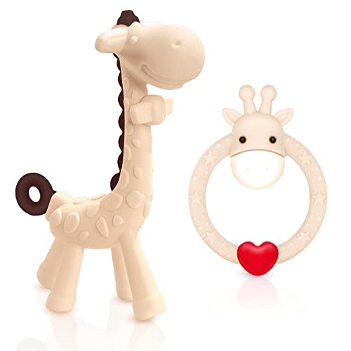 SHARE&CARE BPA Free Silicone Giraffe Baby Teether Toy with Storage Case, for 3 Months Above Infant Sore Gums Pain Relief and Baby Shower, Baby Teething Toys (Cream)