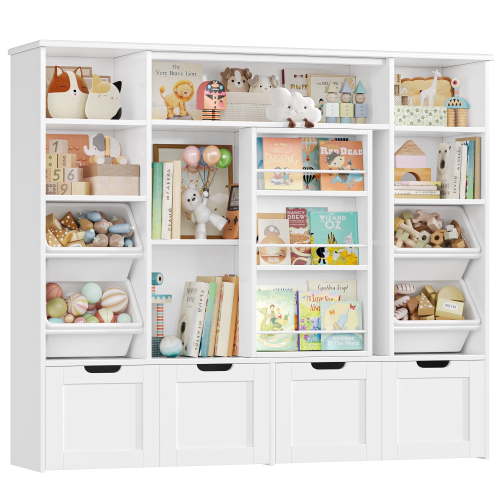 Hiphuta 55"W Kid Toy Storage Organizer with Sliding Bookshelf, Kid Bookcase with 4 Removable Drawers and Bins, for Children's Bedroom Playroom, White