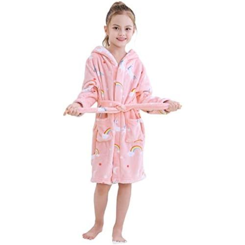 Umeyda Girls Fleece Hooded Robes, Warm Printed Bath Robe for Kids Soft Fuzzy Bathrobe for Gifts