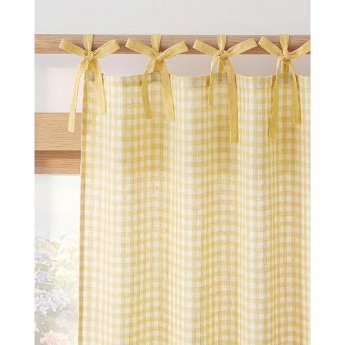 NICETOWN Butter Yellow Gingham Curtains, Tie Top Bow Knot Checkered Window Treatments Cheerful Rustic Farmhouse Semi Sheer Plaid Light Filtering Drapes for Kitchen Dining Room, W52 x L84, 2 Panels