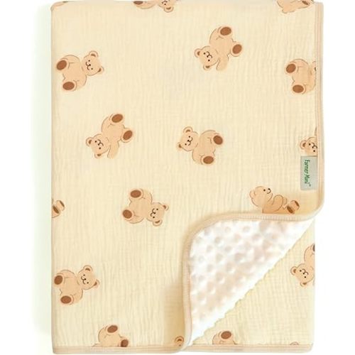 Baby Fleece Blanket for Boys Girls, Double-Sided Minky Muslin Blankets with Dotted Backing, Nursery Newborn Bed Blanket, 39 x 43 Inches (Bear)