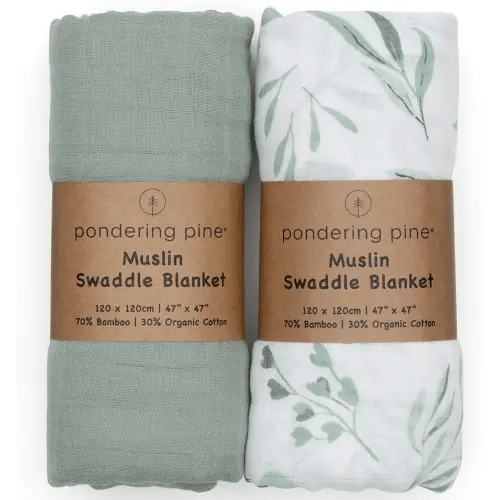 Organic Baby Muslin Swaddle Blankets for Boy or Girl - Eucalyptus Leaves and Sage Swaddling Blanket 2 Pack - Soft Muslin, XLarge and Breathable, Boho Baby, 47" X 47"