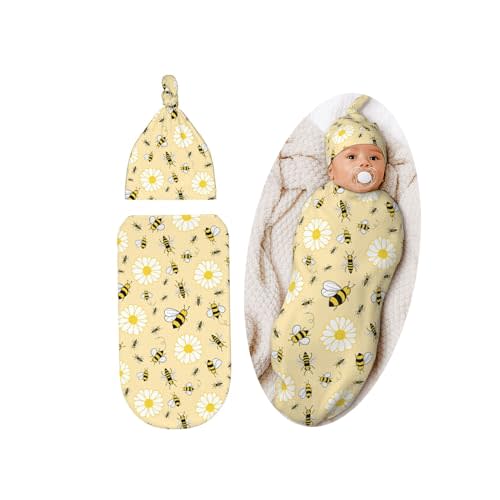 Cute Bee Baby Stuff Swaddle Blanket Set with Beanie Hat for Boys and Girls, Soft Daisy Newborn Swaddle Wrap Receiving Blanket Shower Gift