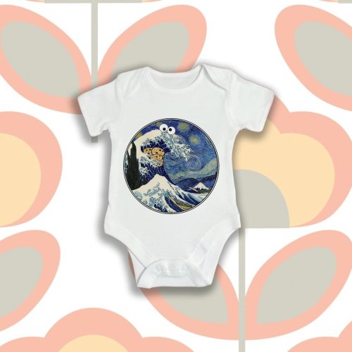 Van Gogh Starry Night Biscuit Cartoon Great Wave Artist Painting Artwork Baby Grow Body Suit Vest Meme Gift 0-3 3-6 6-12 12-18 Months