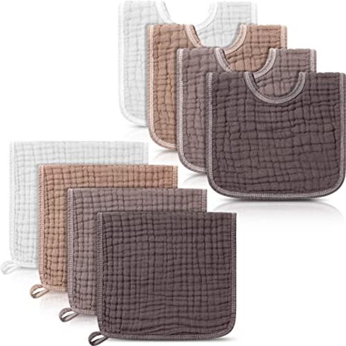 Tallew 8 Pack Muslin Burp Cloths and Baby Bibs for Boy Girl 20" x 10" Cotton Baby Bandana Drool Bibs Muslin Burp Cloths Absorbent Rag for Newborn Toddler Infant Gifts(Brown Series)