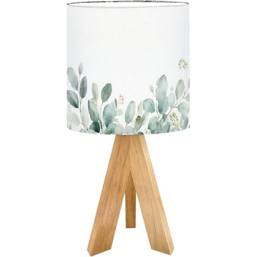 Tripod Bedside Desk Table Lamp Rustic sage Green Eucalyptus Design Trendy Floral Design Natural Wood Nightstand Lamp with Linen Fabric Shade for Nursery Bedroom Living Room Kids Room