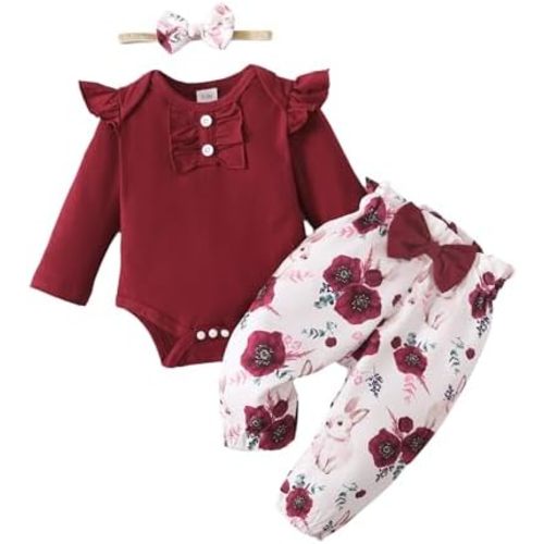 OLLUISNEO Baby Girl Clothes Newborn Infant Fall Outfit Romper Winter Floral Pant Set Headband 3 Pcs Clothes for Girl