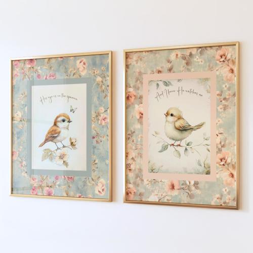 Art Print Set, Bird Art, His Eye Is On The Sparrow 2 Piece, Nursery Room Art, Girls Room Decor, Pastel Colored Art, Birds Floral, Flowers