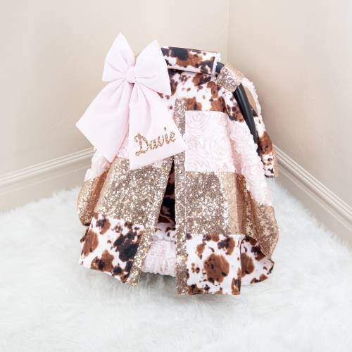 Brown Cow & Rose Gold Sparkle Baby Car Seat Cover Canopy - Personalized Bow Embroidery - Gift for Newborn - Baby Shower Gift - FREE SHIPPING