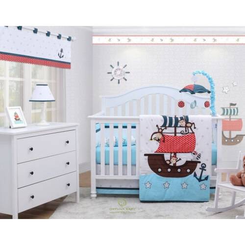 OptimaBaby Bumperless 5PCS Little Pirate Baby Nursery Crib Bedding Set