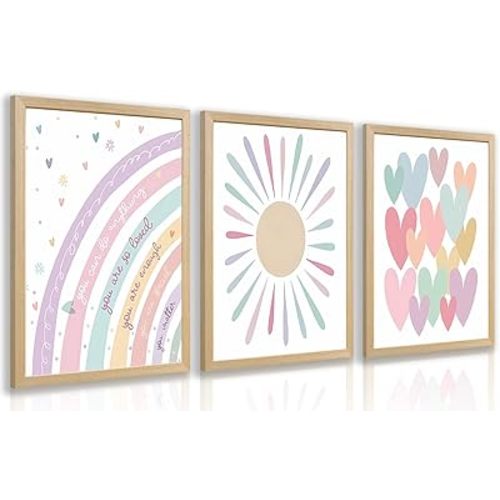 LLEEMPI Pink Heart Sun Rainbow Wall Art Set of 3, Baby Room Wall Decor, Boho Rainbow Nursery Canvas Painting, Classic Minimalist Poster Prints for Bedroom Bathroom Classroom Wood Framed 12x16 Inch