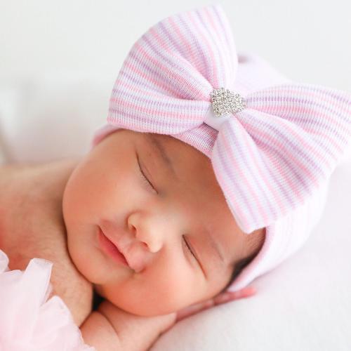 Rhinestone Heart - Newborn Hospital Hat, pink, white and lavender stripe