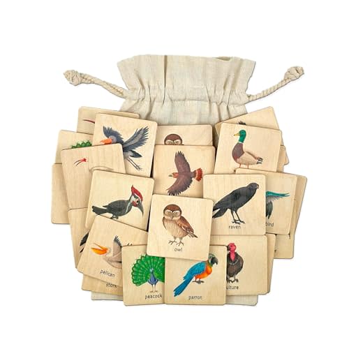 Montessori Wooden Birds Memory Game, 1 2 3 4 Year Old Montessori Materials, Wooden Flash Cards, Homeschool Gift, Bird Animals Matching Cards, Kids Learning Activity (5.5x5.5cm)