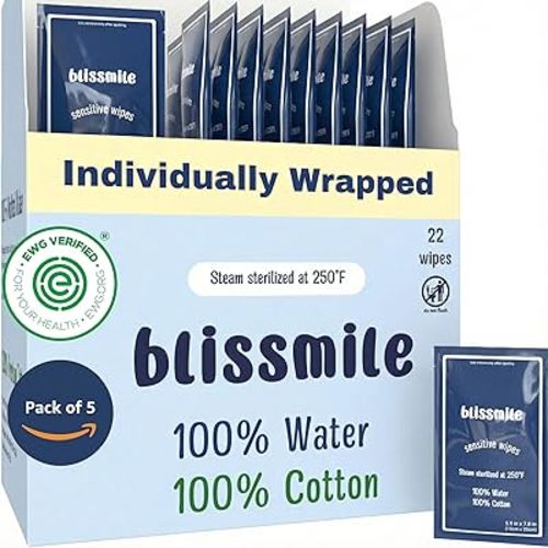 100% Water & Cotton Wet Wipes Travel Size - Individually Wrapped - Fragrance & Preservative-Free for Baby, Women & Sensitive Skin - Gentle Hand, Face, Body & Feminine Care - 110 Count