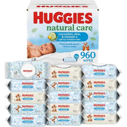 Huggies Natural Care Cucumber, Aloe and Vitamin E Baby Wipes, Hypoallergenic, Scented, 15 Flip-Top Packs (960 Wipes Total), Packaging May Vary