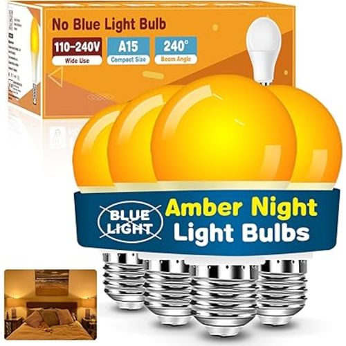 Neporal A15 Amber LED Light Bulb 1800K, True Blue Light Blocking Sleep Aid Bulb for Bedroom Nursery, 7W Replacement for 40W, Soft Warm Glow to Protect Melatonin, E26 Base, 4 Pack