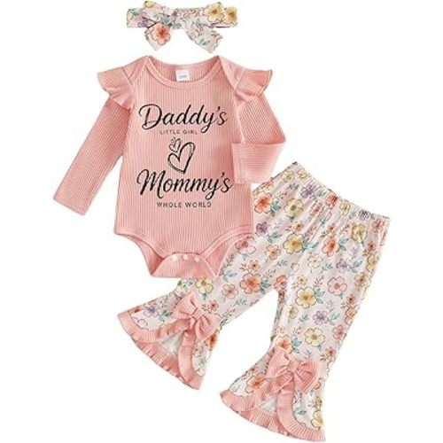 Newborn Baby Girl Outfit Hello World Romper Floral Flare Pants Set