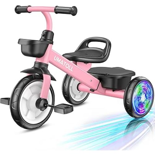 Umatoll Tricycle for Toddlers 2-5 Year Old, Ajustable Toddler Bike Outdoor Toys, Birthday Gift for Girl Age 2-4, Trike with Light up Wheels