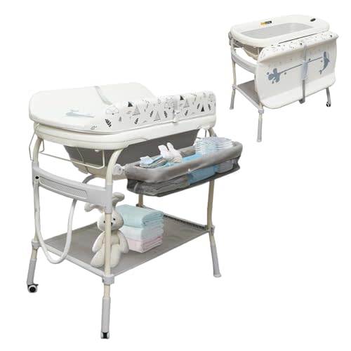 2 in 1 Baby Bathtub with Changing Table, DEYGIA Waterproof Diaper Changing Station Portable Changing Table Adjustable Height Nursery Organizer with Storage Racks for Newborn Infant Toddler