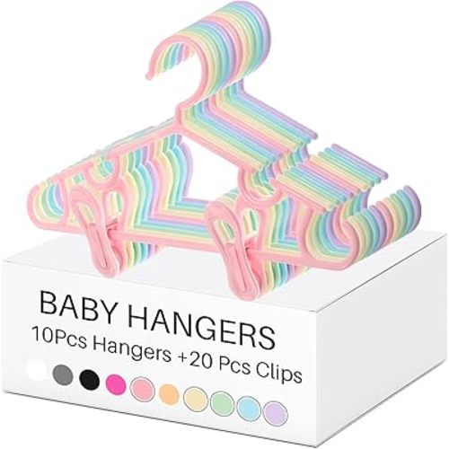 Hsei Nursery Hangers with Clips for Kids Baby Pants Hangers 10/20/40 Newborn Plastic Hanger with 20/40/80 Clip for Closet Toddler Clothes Coat Skirts Socks(Fresh Color,30 Packs)