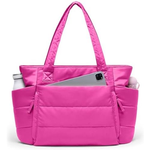 Tote Bag for Women with Zipper, Quilted Puffer Tote Bag with Compartments, Lightweight Puffy Work Bags for Women Travel