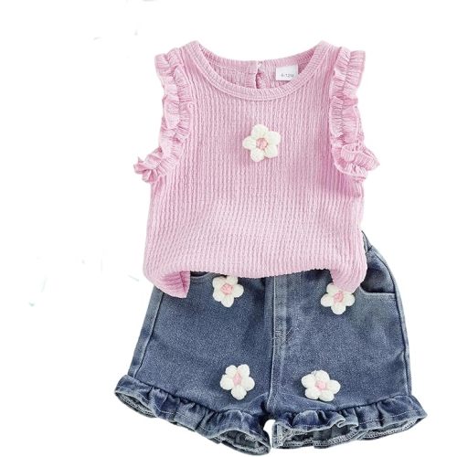 YINGISFITM Toddler Baby Girl Clothes Summer Floral Print Sleeveless Shirt Tank Top Jeans Shorts Cute Outfit Girls Clothing