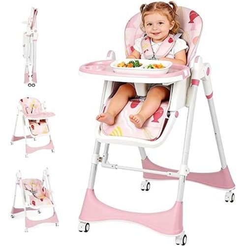3-in-1 Baby High Chair with Soothing Rocker | Convertible Baby High Chair for Babies and Toddlers | Brake Wheels, Easy Clean, Space Saving | Adjustable, Removable Tray (Floral Dust Pink)