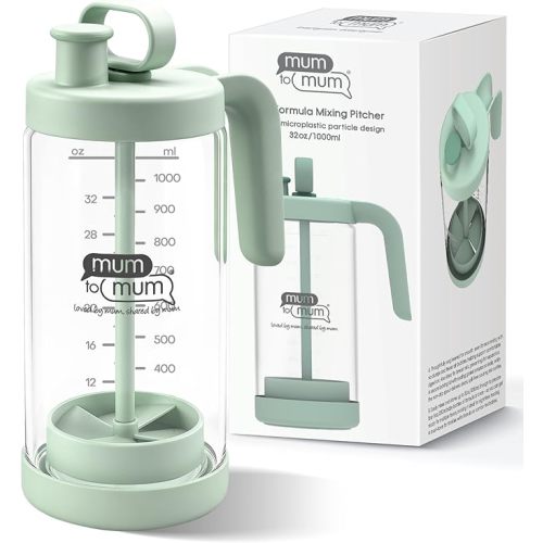 MUM TO MUM 32oz Glass Formula Mixing Pitcher, Microplastic-Free Design, Leak-Proof Breastmilk Storage with Silicone Seal, Dishwasher Safe & Thermal Shock Resistant (Light green)