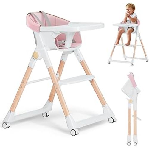 Baby High Chair, High Chairs for Babies and Toddlers, Convertible Folding High Chair with Removable Tray 5 Point Harness Footrest Detachable PU Cushion, Portable Highchair for Baby Toddlers