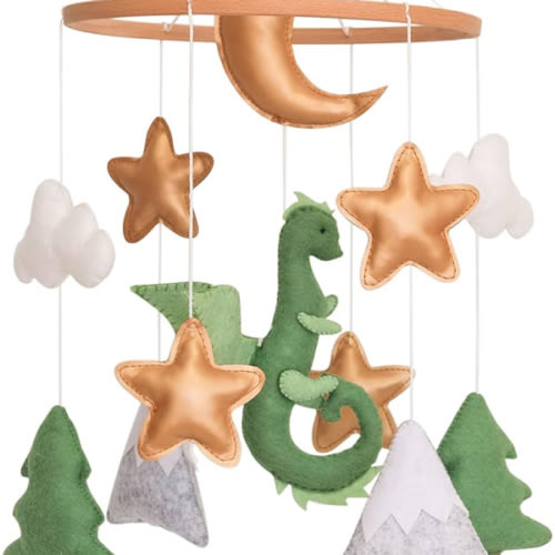 Dragon Baby Mobile, Forest Mobile for Crib, Crib Mobile for Boys and Girls, Nursery Mobile for Bassinet, Pack and Play, Moon, Green Dragon, Cloud, Star, Mountain, Tree