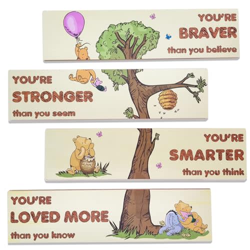 Winnie Bear Baby Shower Decorations, 4-Panel Wooden Nursery Decor Room Inspirational Wall Art, Motivational Quote Signs