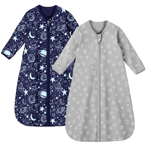 Unnivoll Baby Sleep Sack 12-18 Months 100% Cotton Long Sleeve Wearable Blanket Baby Sleep Bag with 2-Way Zipper 2 Pack 0.5 Tog Sleeping Sack for Newborn Infant Blue Grey Planet