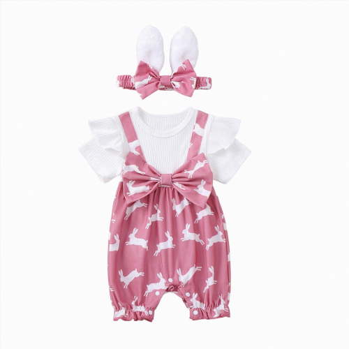 CAICJ98 Newborn Baby Girl Easter Outfit Bunny Short Sleeve Bubble BunnyRomper Bow Shorts Jumpsuit Infant Summer Clothes (Pink,6-9 Months)