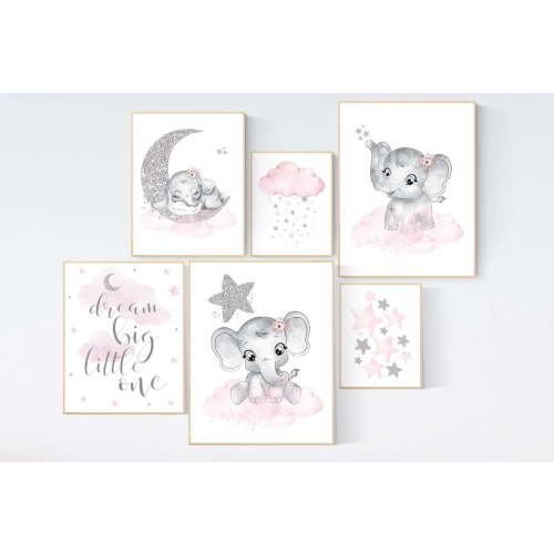 Elephant Nursery Pink And Silver Baby Girl Wall Art, Elegant Nursery Theme For Nursery And Playroom Decor