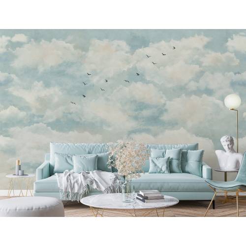 Abstract Cloud Wallpaper | Kids Cloudy Sky Wall Mural | Clouds with Birds Peel and Stick