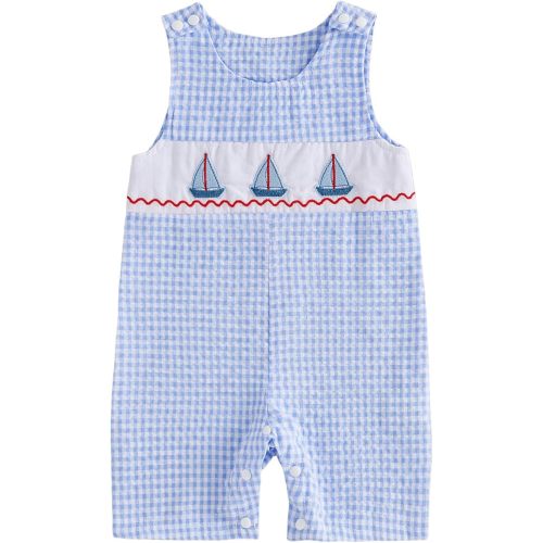 Newborn Baby Boys Sleeveless Seersucker Romper One Piece Straps Overalls Striped Jumpsuit Summer Smocked Clothes