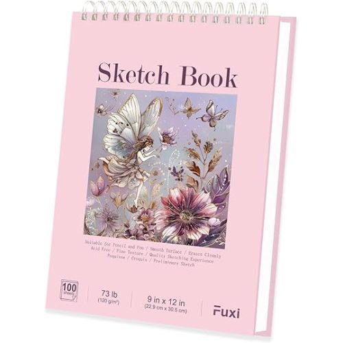 Fuxi Sketch Book for Girls 9x12, Cute Pink Sketchbook, 120gsm Thick Paper