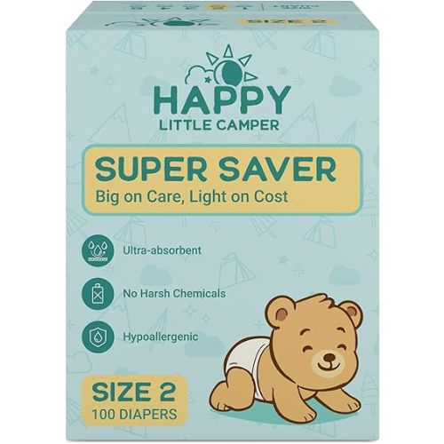 Happy Little Camper Super Saver Diapers, Size 2, 100 Count | Budget-Friendly Disposable Baby Diapers for Sensitive Skin | Hypoallergenic, Fragrance-Free, Ultra Absorbent