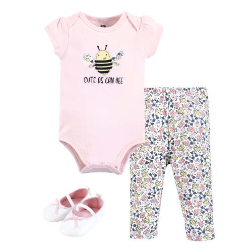 Hudson Baby Infant Girl Cotton Bodysuit, Pant and Shoe Set, Cute Bee, 3-6 Months