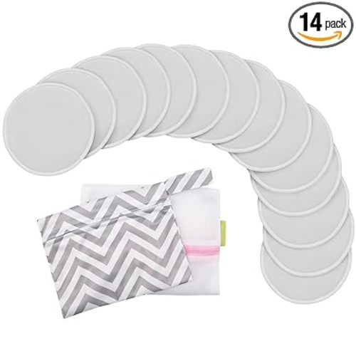 14-Pack Reusable Nursing Pads for Breastfeeding - Soft & Absorbent 4-Layers Washable Breast Pads for Leaking Milk, Viscose from Bamboo Breastfeeding Essentials,Nipple Covers(Cool Gray, L 4.8")