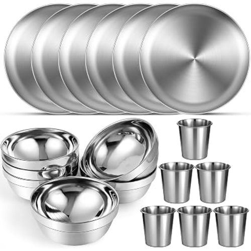 Sunnyray 6 Sets Stainless Steel Plates Bowls Cups Camping Double Walled
