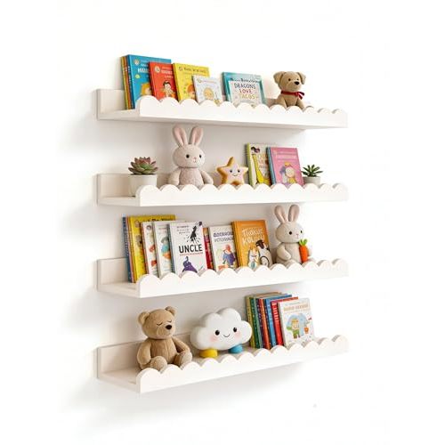 Scalloped Shelves for Nursery - Wall Book Shelves for Bedroom Kids, Nursery Bookshelf for Wall Set of 4, Floating Book Shelves Solid Wood,16 Inch, White