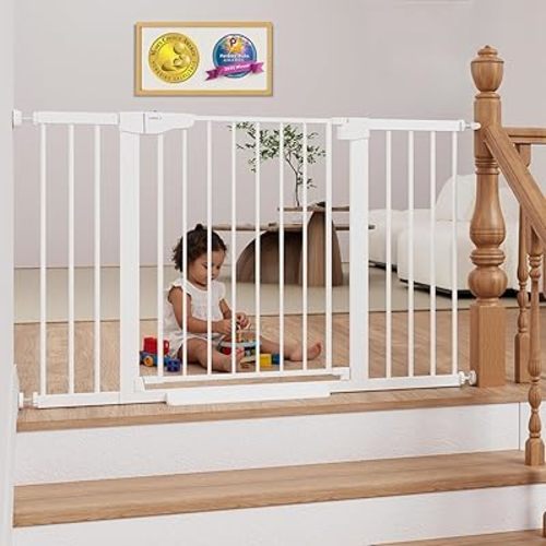 Cumbor 29.7–51.5" Extra Wide Baby Gate for Stairs, Pressure-Mounted Dog Gates for Doorways & Hallways, Auto-Close Walk-Through, No-Trip Design, Child Proof Safety, Dog/Pet Gate for Indoor Use, White