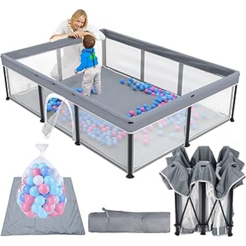 TOREVSIOR Foldable Baby Playpen with Mat, 50"×71" F oldable P laypen for Babies and Toddlers, Indoor & Outdoor Kids Safety Play Pen, Portable Play Yard, Foldable Baby Playpen with 50 Ocean Balls