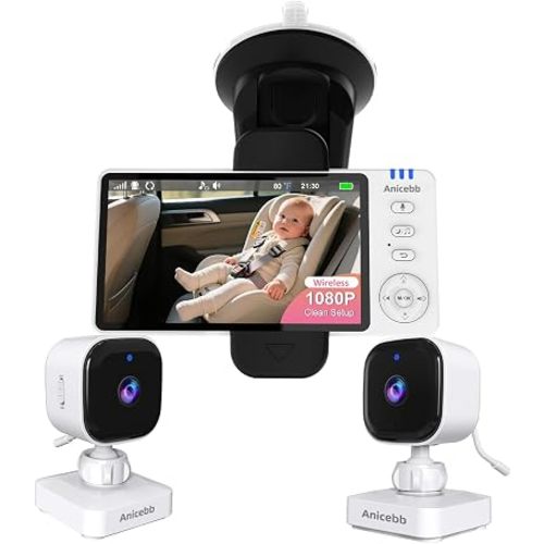 Wireless Baby Car Camera with 2 Cameras, 1080P Night Vision, Auto On/Off - Dual Portable Baby Car Monitor, 8 Lullabies, No-Glow IR Night Vision for Infants & Pets