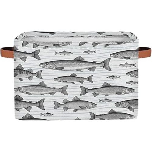 Large Storage Bins - Vintage Fish Collapsible Rectangle Shelf Closet Organizer Baskets for Bathroom, Kids Dirty Clothes, Toys, Nursery, Bedroom, Home Decor Gift Basket