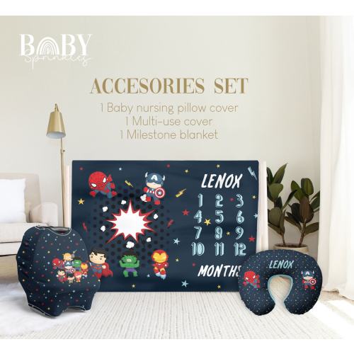 Superhero Baby Accessories Set: Milestone Blanket, Nursing Pillow Cover