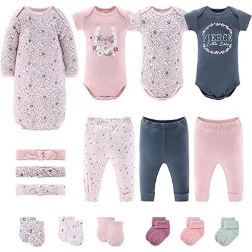The Peanutshell Newborn Clothes & Accessories Gift Set for Baby Girls - 16 Piece Layette Set - Floral - Fits Newborn to 3 Months